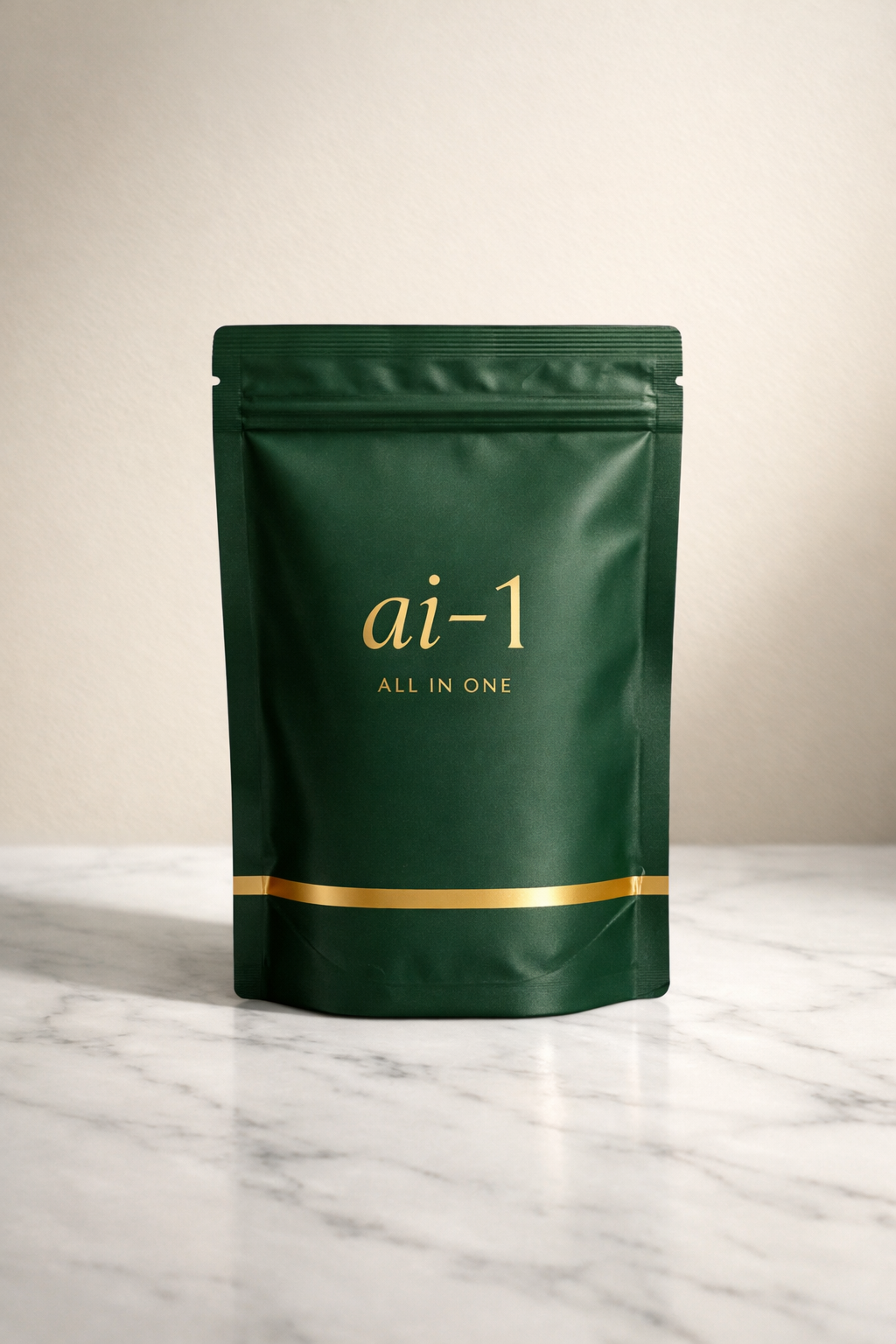 ai-1 premium supplement pouch with branded packaging on marble surface