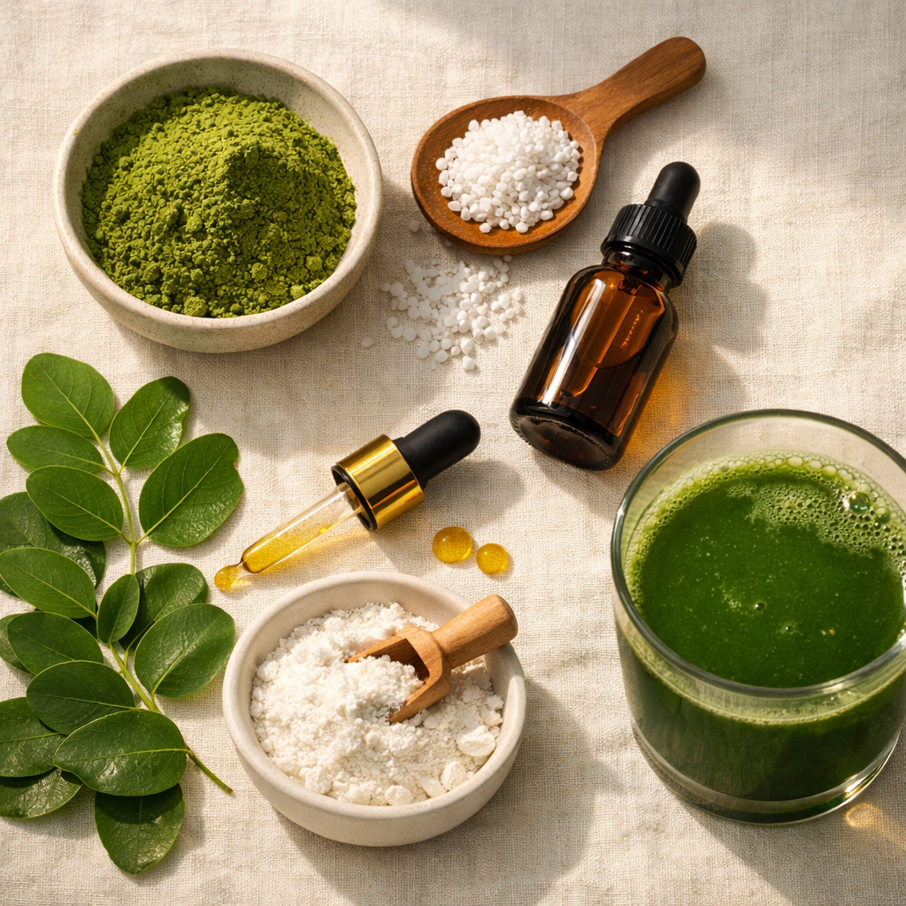 Natural wellness ingredients flat lay featuring moringa, vitamins, and supplement powder